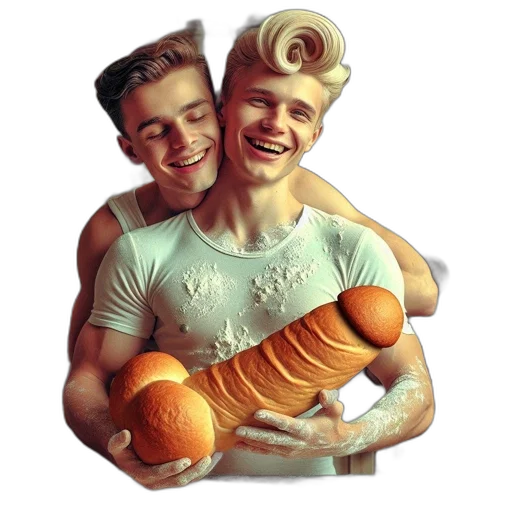 food, 3d render, photorealistic, concept art, pixel art, two, laughing, men transparent PNG cut-out