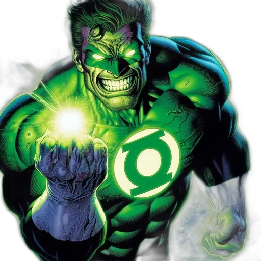 comic book art, concept art, green, green-skinned, superhero, fierce, expression, white transparent PNG cut-out