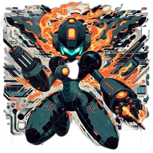 robot, concept art, pixel art, comic book art, cyberpunk, fire, monochrome, dark transparent PNG cut-out