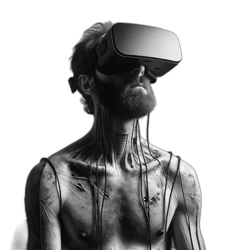 robot, cyberpunk, concept art, 3d render, photorealistic, bearded, man, wearing transparent PNG cut-out