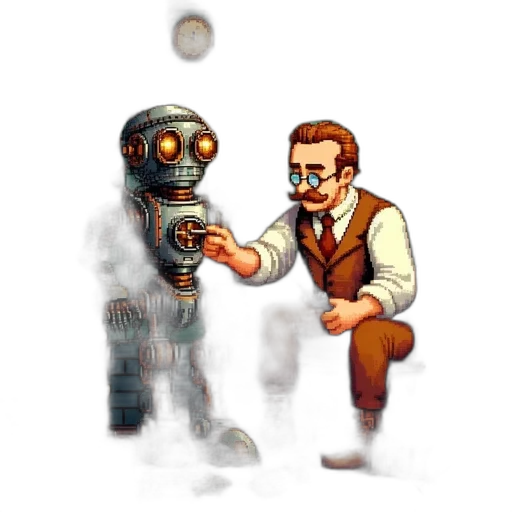 robot, staff, weapon, mask, pixel art, concept art, comic book art, fantasy art transparent PNG cut-out
