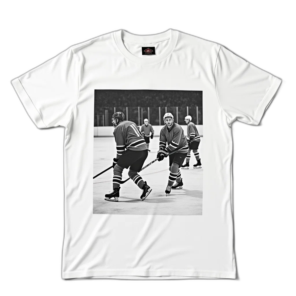 white, t-shirt, vintage, black, photograph, hockey, game, shows transparent PNG cut-out