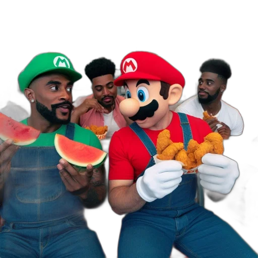 food, hat, mask, concept art, 3d render, pixel art, two, individuals transparent PNG cut-out