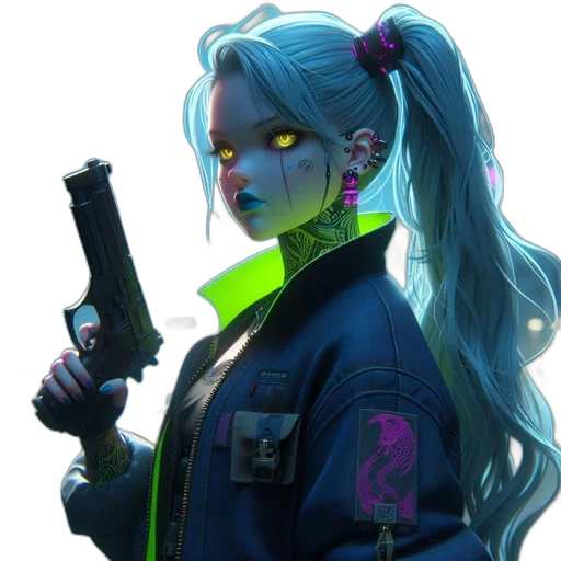 jacket, staff, weapon, cyberpunk, concept art, comic book art, fantasy art, neon lights transparent PNG cut-out