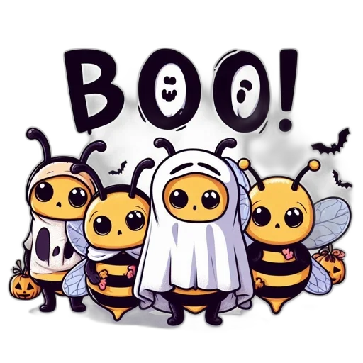 concept art, pixel art, comic book art, four, anthropomorphic, bees, halloween, costumes transparent PNG cut-out