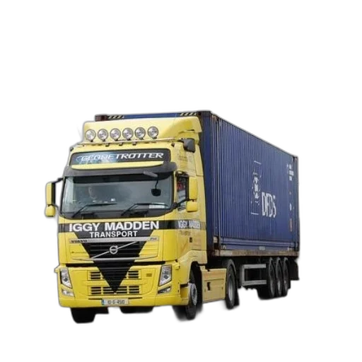 photorealistic, 3d render, yellow, blue, truck, words, iggy, madden transparent PNG cut-out