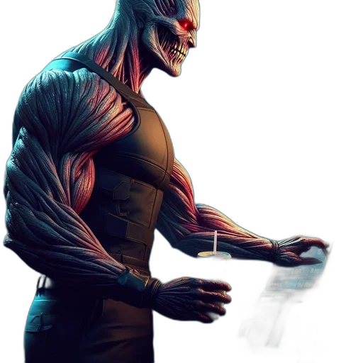 creature, robot, comic book art, concept art, cyberpunk, fantasy art, red, dark transparent PNG cut-out