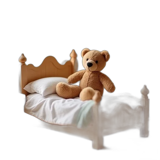 furniture, 3d render, photorealistic, dollhouse, bed, set, teddy, bear transparent PNG cut-out