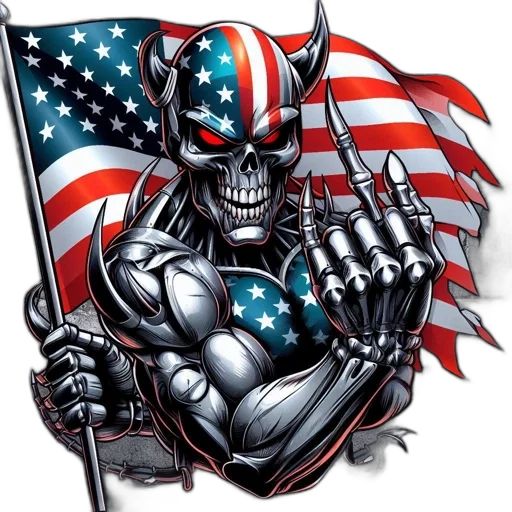 comic book art, cartoon, menacing, figure, patriotic, twist, individualistic, metallic transparent PNG cut-out