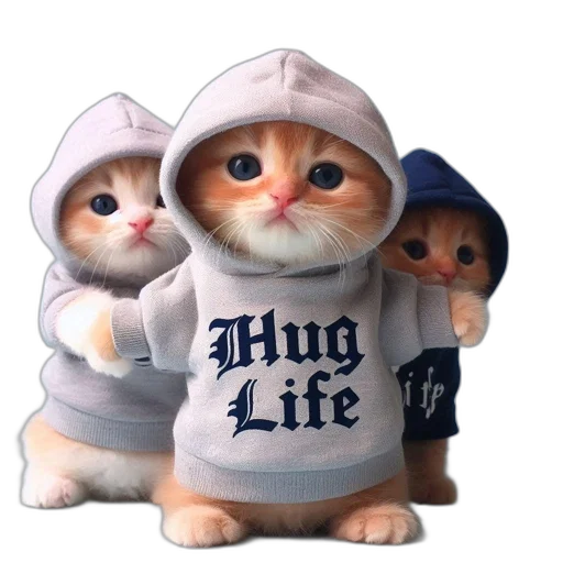 3d render, photorealistic, three, hooded, kittens, face, camera, one transparent PNG cut-out