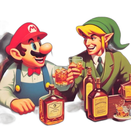 bottle, pixel art, concept art, comic book art, 3d render, mario, link, iconic transparent PNG cut-out