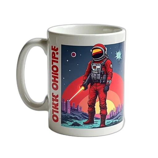 concept art, outer space, white, ceramic, mug, colorful, illustration, man transparent PNG cut-out