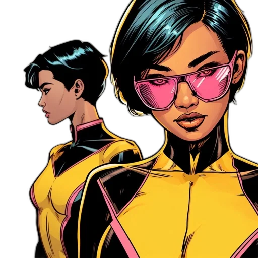 comic book art, concept art, golden, two, animated, females, one, foreground transparent PNG cut-out