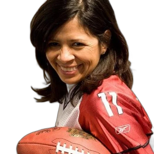 woman, red, white, sports, jersey, holds, football, smiling transparent PNG cut-out