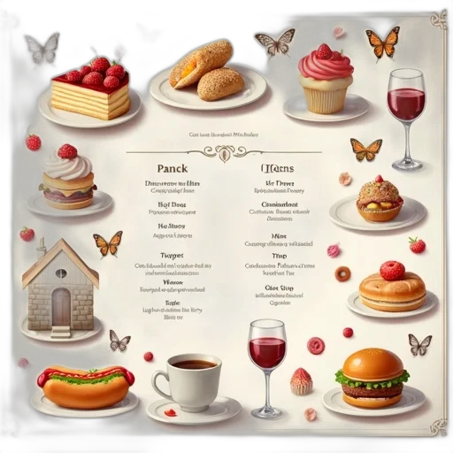 food, concept art, menu, variety, drink, items, including, cake transparent PNG cut-out