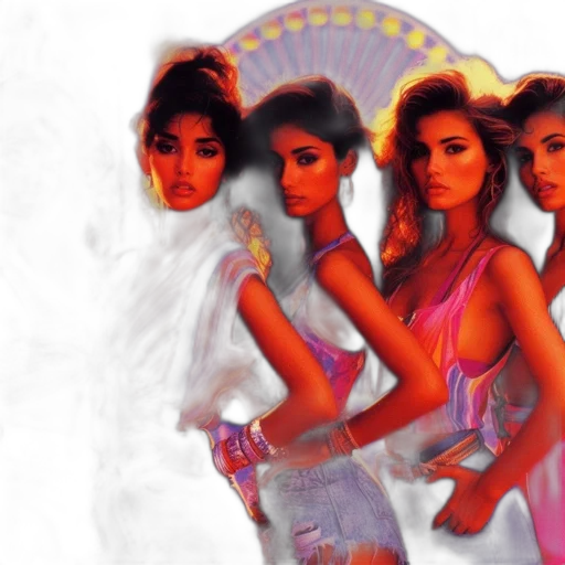 vaporwave, concept art, photorealistic, neon lights, five, women, don, 1980s transparent PNG cut-out