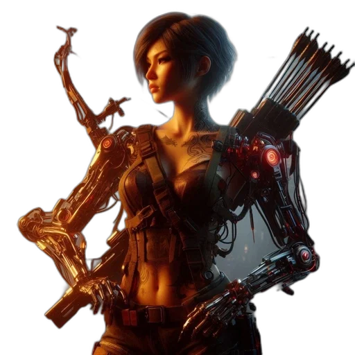 robot, weapon, cyberpunk, concept art, fantasy art, comic book art, woman, tattoos transparent PNG cut-out