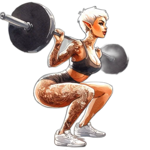 concept art, watercolor, cartoon, photorealistic, gym, setting, woman, tattoos transparent PNG cut-out