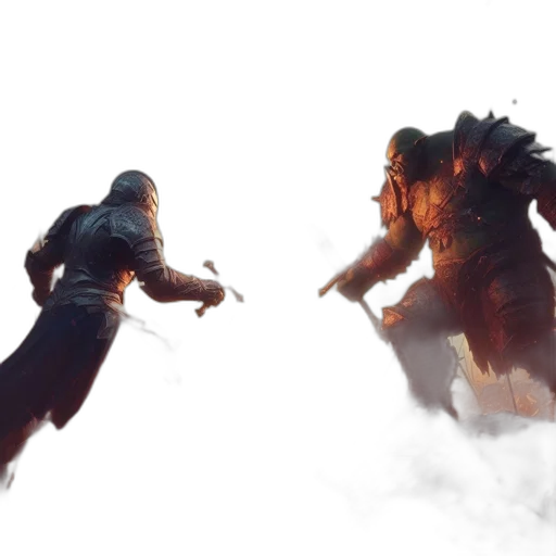 sword, concept art, fantasy art, 3d render, comic book art, fire, fog, two transparent PNG cut-out