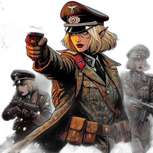 weapon, comic book art, concept art, fantasy art, photorealistic, three, women, wwii transparent PNG cut-out