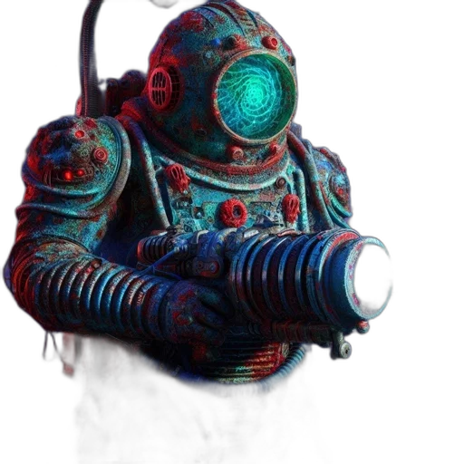 robot, mask, weapon, creature, concept art, 3d render, cyberpunk, watercolor transparent PNG cut-out