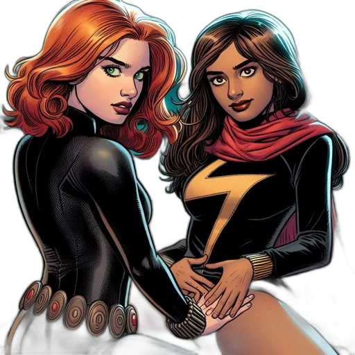 comic book art, concept art, neon lights, two, superheroines, pose, against, night transparent PNG cut-out