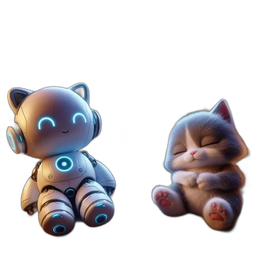 3d render, concept art, cyberpunk, fantasy art, inside, cozy, room, cat-robot transparent PNG cut-out