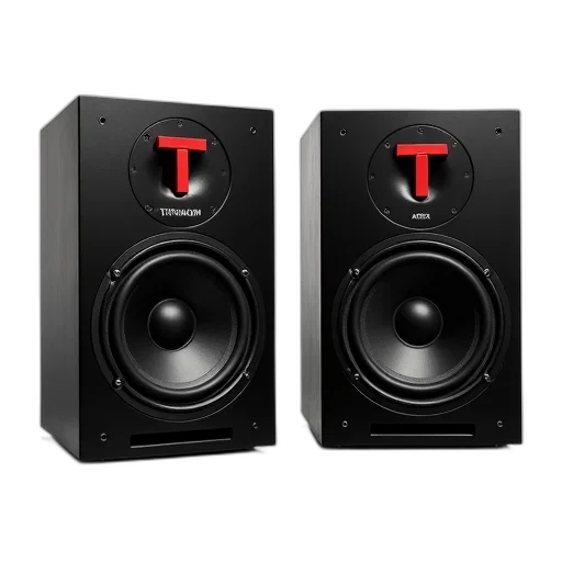pair, black, speakers, red, logo, front, featuring, large transparent PNG cut-out