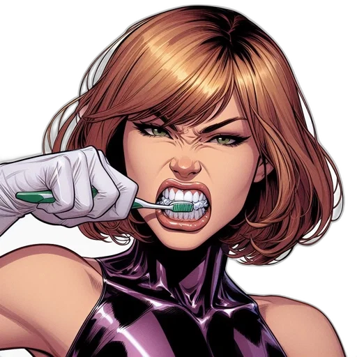 comic book art, woman, reddish-brown, hair, green, eyes, brushes, her transparent PNG cut-out