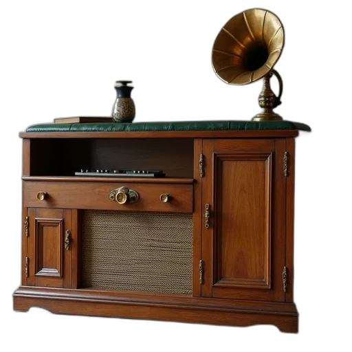 furniture, vintage, wooden, radio, green, leather, seat, shelf transparent PNG cut-out