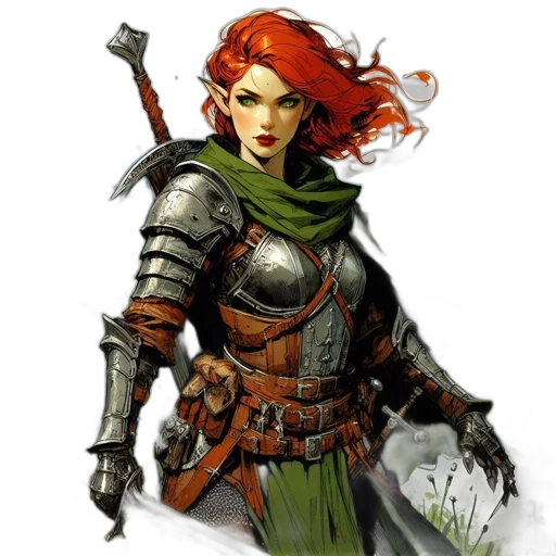 fantasy art, comic book art, concept art, pixel art, green, red, earth tones, female transparent PNG cut-out