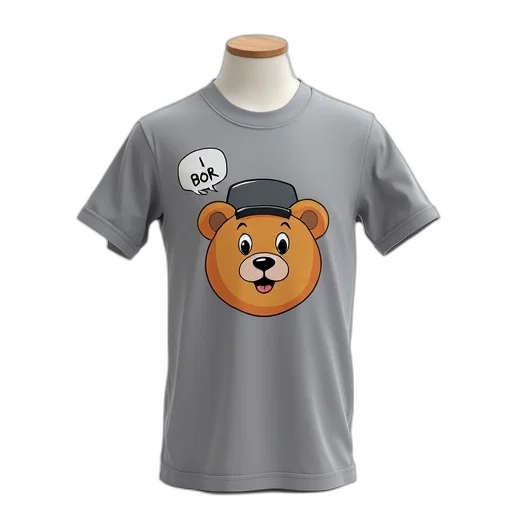 grey, t-shirt, cartoon, bear, design, front, wearing, hat transparent PNG cut-out