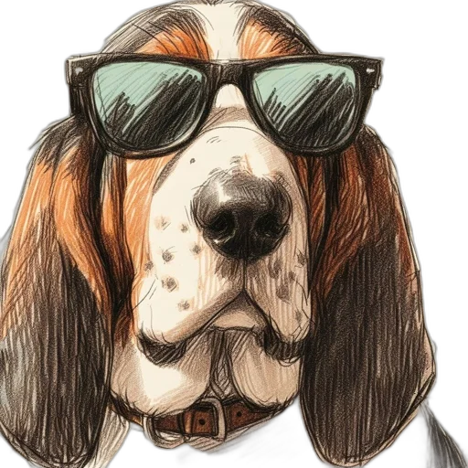 cartoon, photorealistic, watercolor, pencil sketch, basset, hound, sunglasses, tricolor transparent PNG cut-out