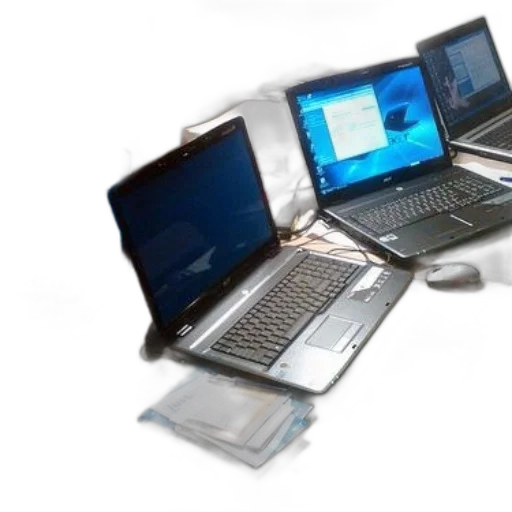3d render, cluttered, desk, four, open, laptops, displaying, various transparent PNG cut-out