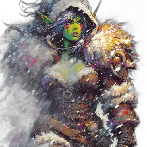 fantasy art, comic book art, concept art, watercolor, snow, green, colorful, character transparent PNG cut-out