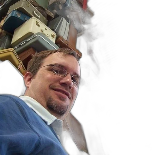 staff, robot, weapon, sword, man, wearing, glasses, smiles transparent PNG cut-out