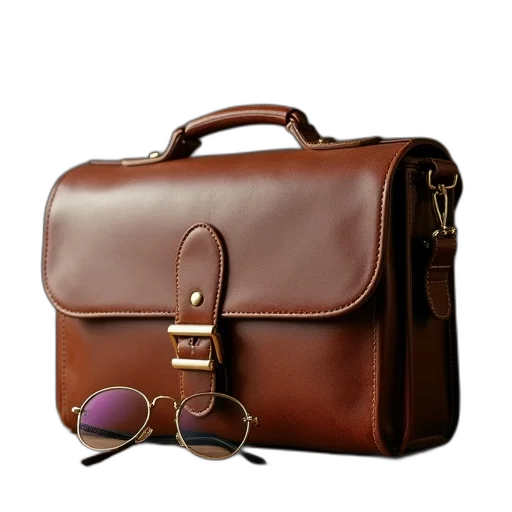 3d render, photorealistic, earth tones, brown, briefcase, bag, glasses transparent PNG cut-out