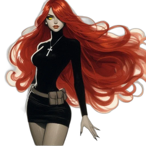 hair, dress, comic book art, concept art, fantasy art, cartoon, red, dark transparent PNG cut-out