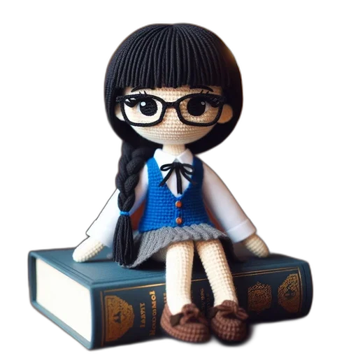 3d render, cartoon, fantasy art, anime, crocheted, doll, schoolgirl, attire transparent PNG cut-out