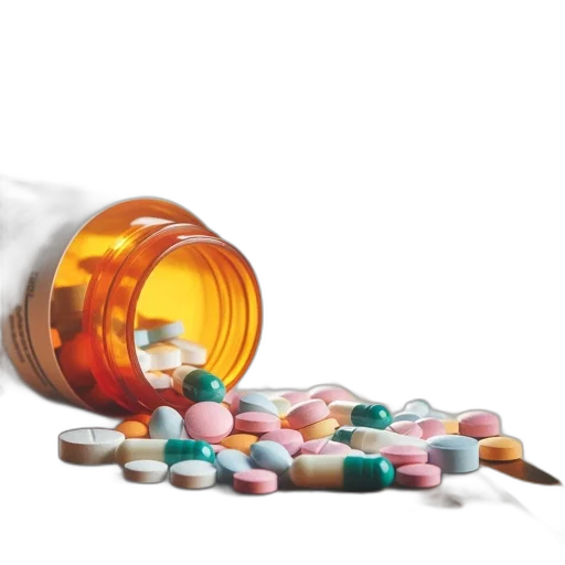 bottle, prescription, pills, spills, contents, wooden, surface, under transparent PNG cut-out