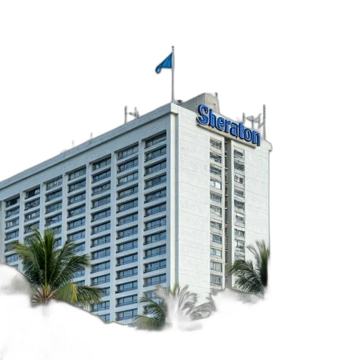 building, photorealistic, 3d render, modern, white, large, sheraton, sign transparent PNG cut-out