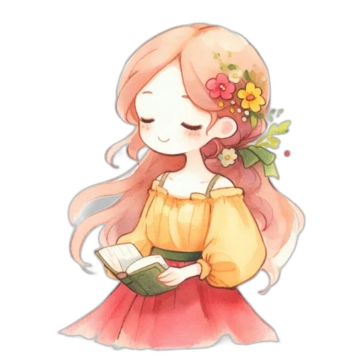 flower, staff, crown, dress, watercolor, anime, pixel art, fantasy art transparent PNG cut-out