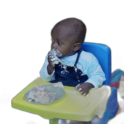 food, robot, 3d render, baby, high, chair, eating, cake transparent PNG cut-out