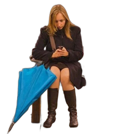 umbrella, jacket, staff, woman, black, coat, boots, sits transparent PNG cut-out
