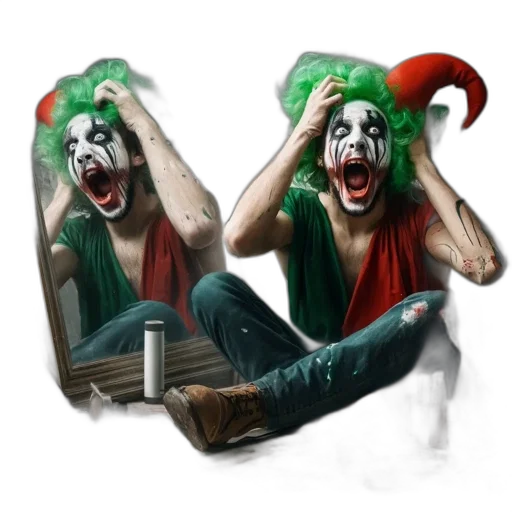 mask, concept art, 3d render, comic book art, photorealistic, clown, vibrant, green transparent PNG cut-out