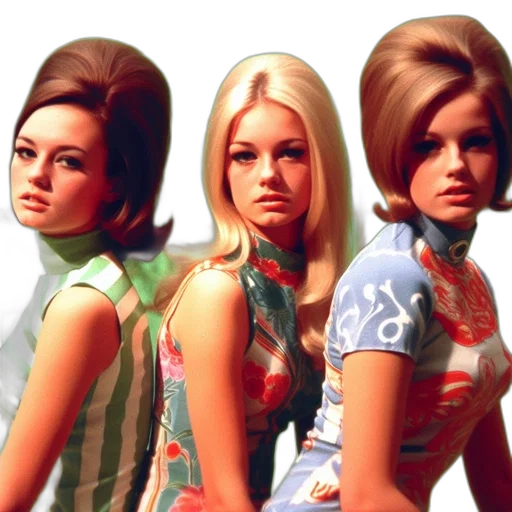 hair, photorealistic, three, women, 60s, 70s, attire, pose transparent PNG cut-out