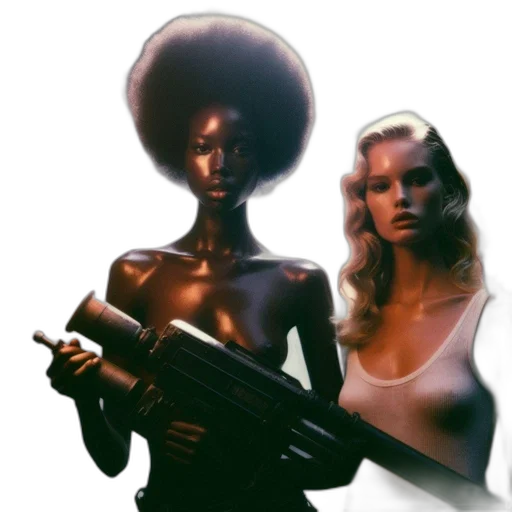 weapon, concept art, comic book art, pixel art, cyberpunk, outer space, two, women transparent PNG cut-out