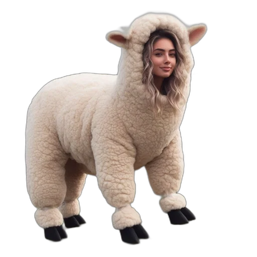 animal, creature, face, jacket, woman, sheep, costume, stands transparent PNG cut-out