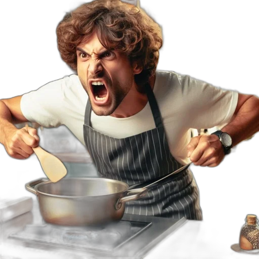 food, photorealistic, concept art, comic book art, oil painting, fire, agitated, man transparent PNG cut-out