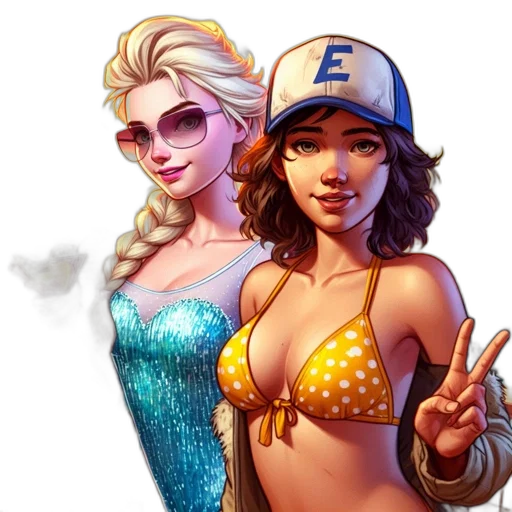 concept art, pixel art, comic book art, fantasy art, two, animated, women, colorful transparent PNG cut-out